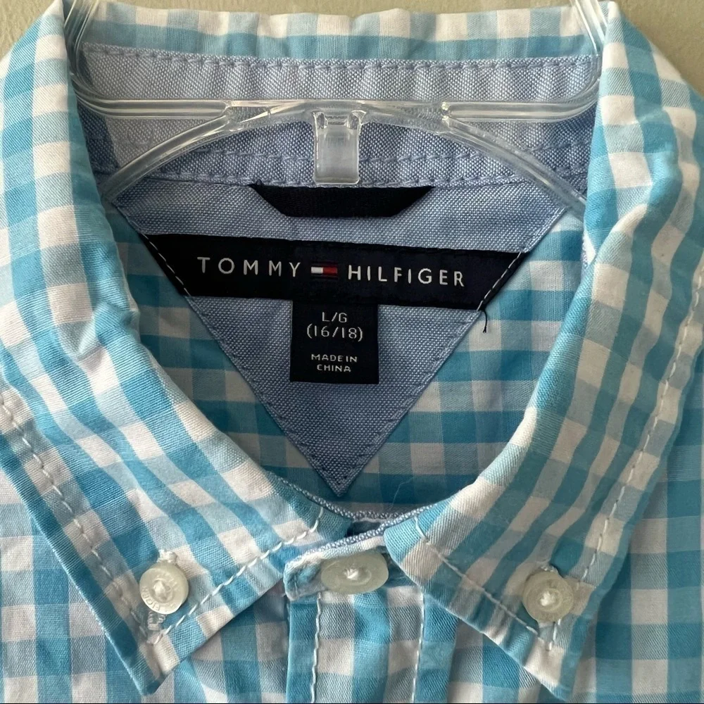 Tommy Hilfiger Boys Button Down Shirt Blue Gingham Size Large 16/18